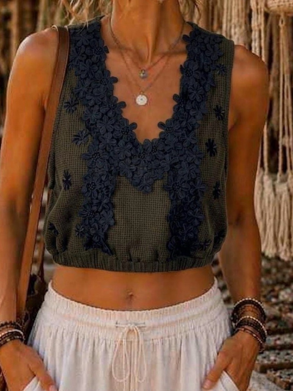 POL Olive Green Crop Tank with Black Floral Applique